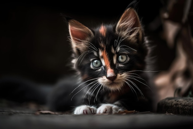 A close up shot of a black and red kitten