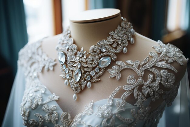 Close Up Shot Of A Brides Intricate Wedding Dress Generative AI
