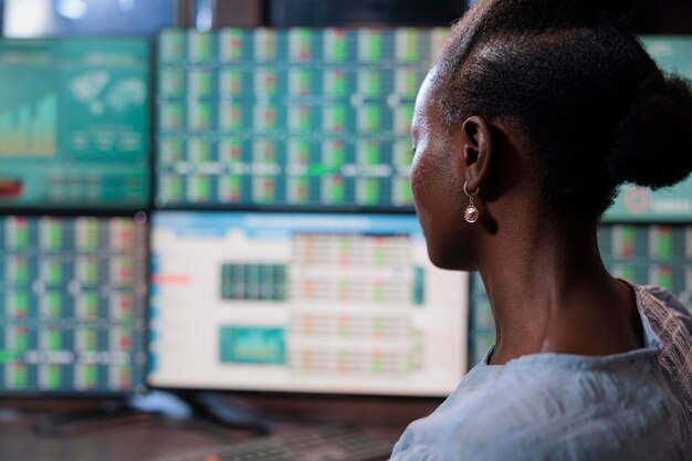 Close up shot of brokerage company professional agent analyzing real time trading charts to predict market trend. Forex stock trader sitting in front of multi monitor workstation.