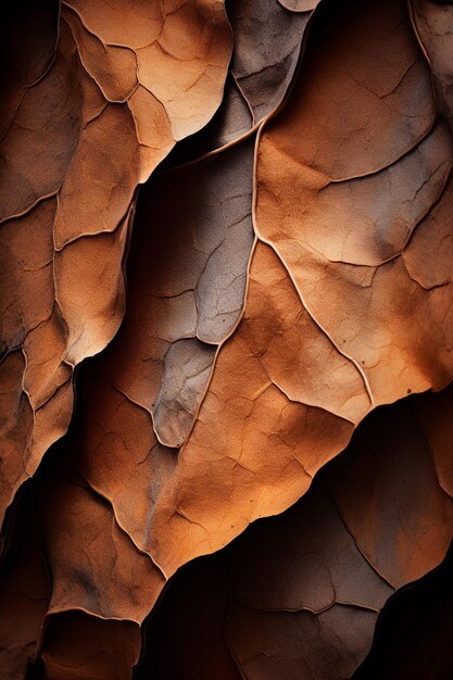 Photo close up shot of brown leaves in the style of art of the upper paleolithic brassa irregular