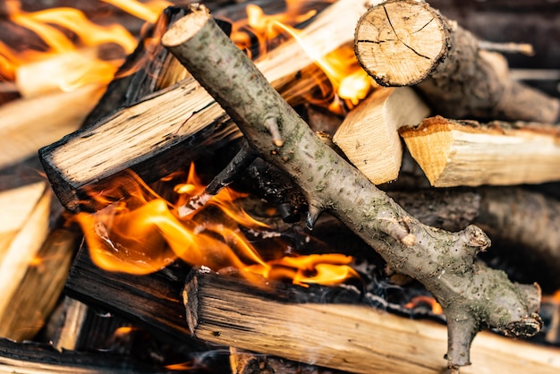 Foto chiuda sul colpo di legna da ardere bruciante