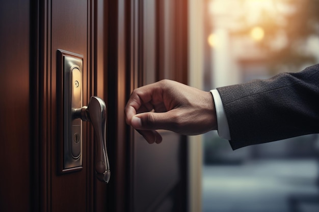 Close up shot of a businessman hand opening a door