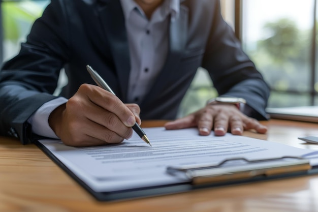 Close up shot of a businessman signing a business contract Businessman writing on a paper document