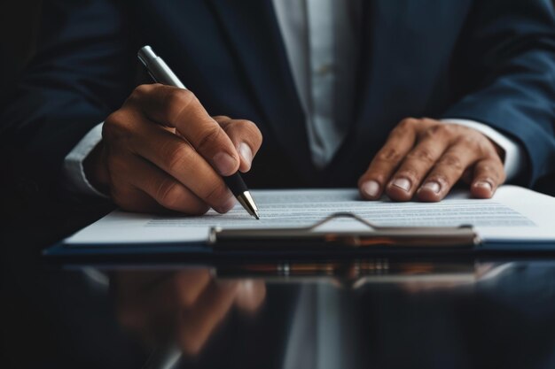 Close up shot of a businessman signing a business contract Businessman writing on a paper document