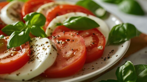 Close up shot of a Caprese Salad with Mozzarella and Tomatoes