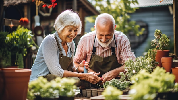 A close up shot of a cheerful senior couple gardening in their backyard