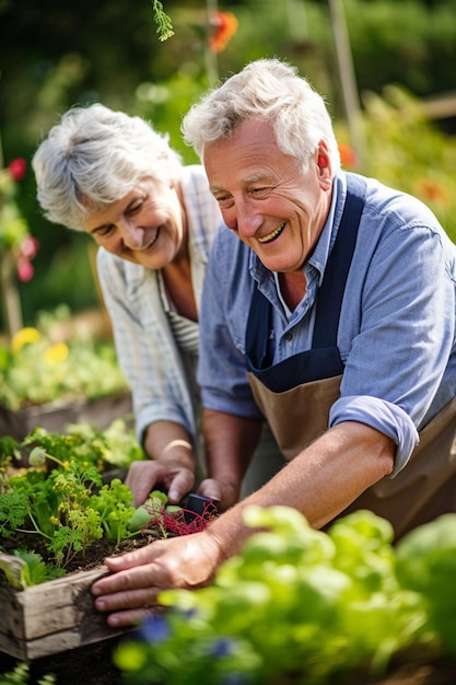 A close up shot of a cheerful senior couple gardening in their backyard