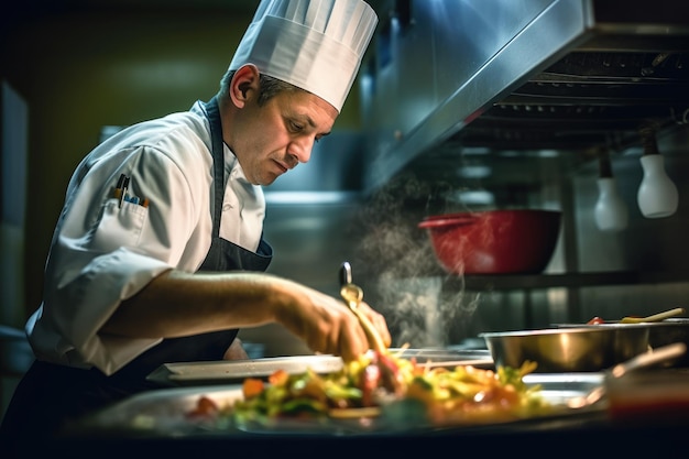 A close up shot of a chef in a professional kitchen skillfully preparing a dish Generative AI