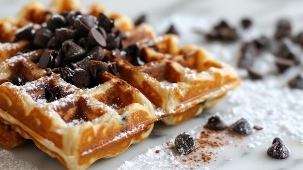 Close up shot of Chocolate Chip Waffles against white background