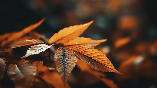 A close up shot of a cluster of autumn leaves focusing on patterns and texture Generative AI