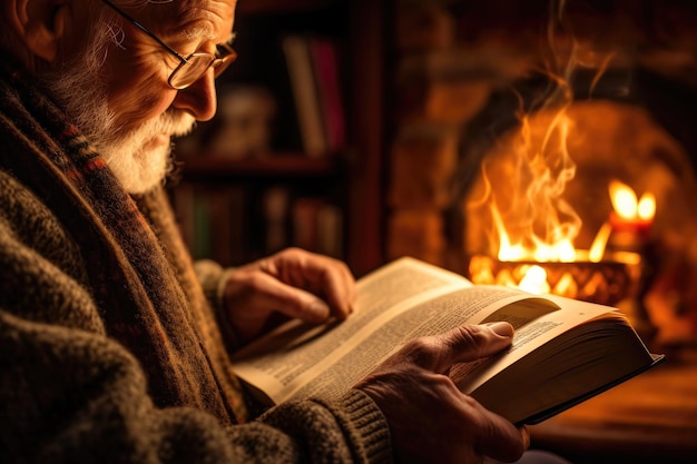 A close up shot of a contented elderly person reading a book by a cozy fireplace Generative AI