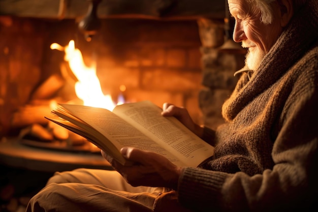 A close up shot of a contented elderly person reading a book by a cozy fireplace Generative AI