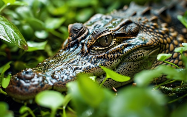 Close up shot of a crocodile eyes peering out from beneath a camouflage