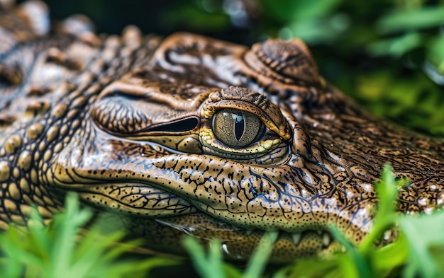 Close up shot of a crocodile eyes peering out from beneath a camouflage