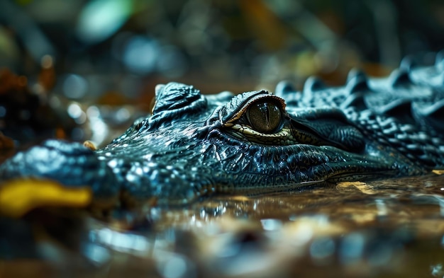 Close up shot of a crocodile lurking in the murky waters