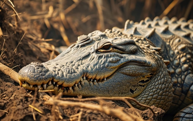 Close up shot of a crocodile nesting on a riverbank