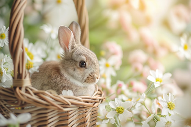 Photo close up shot of cute easter bunny in wooden basket with flowers ai generated