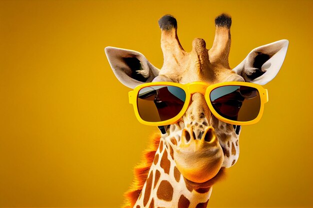 A close up shot of a cute giraffe with yellow sunglasses isolated on yellow background