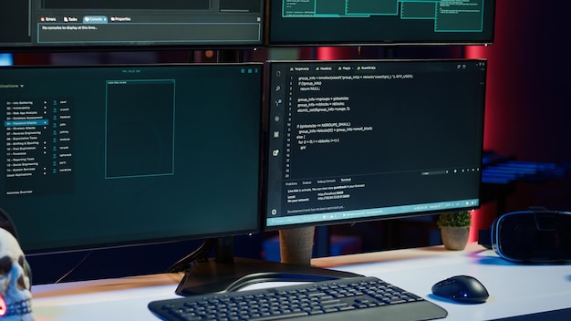Close up shot of dangerous hacking code running on computer system monitors