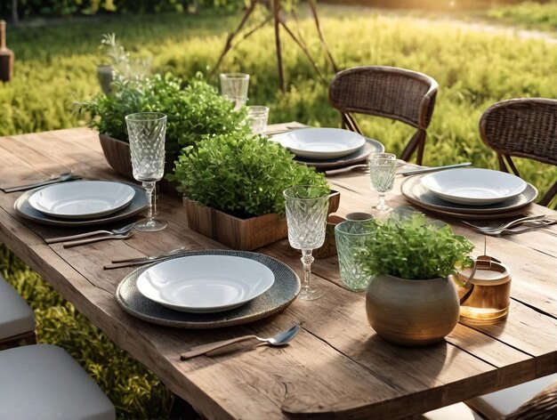 Close up shot of dinner table set up with tableware and glasses in rustic living room at greenery background outdoors Concept of dining hospitality and catering Copy text space for advertising