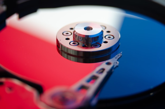 Close up shot, Disassembled hard drive that part of Computer