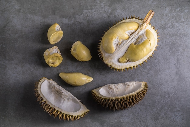 close up shot on durian, sweet king of fruits on dark background, 