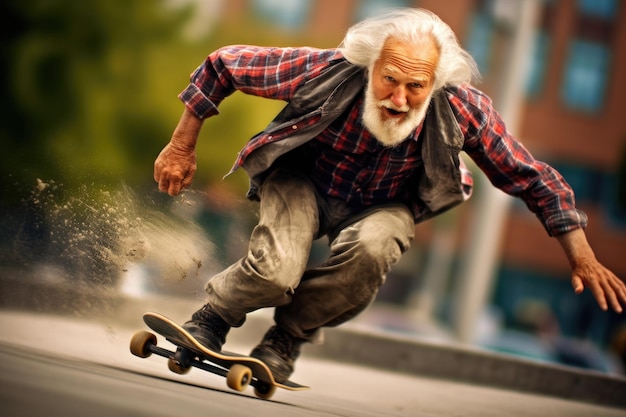 Foto primo piano il movimento dinamico di un uomo anziano che va sullo skateboard a una velocità impressionante. ia generativa