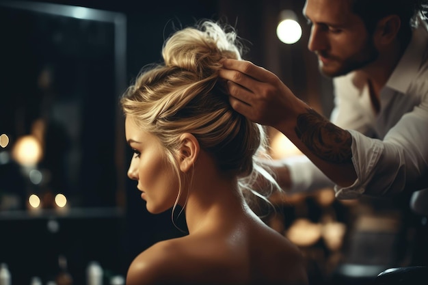 A close up shot of a fashionable male hair stylist shaping a woman's hair in a luxurious women's salon Generative AI