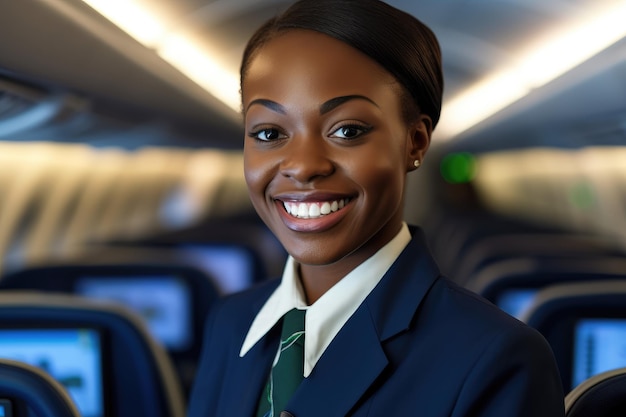Близкий снимок стюардесы, стоящей в проходе кабины самолета, тепло приветствующей пассажиров с улыбкой.