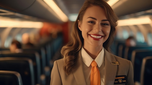 飛行機のキャビンの廊下に立って笑顔で乗客を温かく迎している女性乗務員のクローズアップショット Generative AI (ジェネレーティブAI)