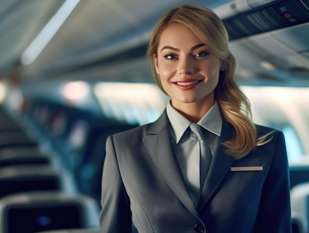 A close up shot of a female flight attendant standing in the aisle of an airplane cabin warmly welcoming passengers with a smile Generative AI