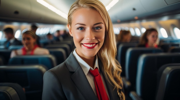 Foto una ripresa ravvicinata di un'assistente di volo femminile in piedi nel corridoio di un aereo