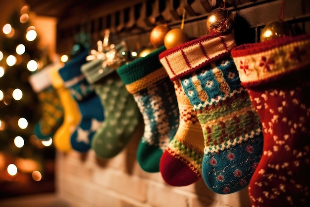 A close up shot of a fireplace mantle adorned with a row of colorful and festive stockings Generative AI