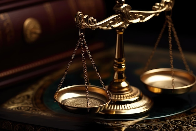 클로즈업 샷은 법률 시스템의 공정성과 균형을 상징하는 정의의 규모에 초점을 맞춥니다.