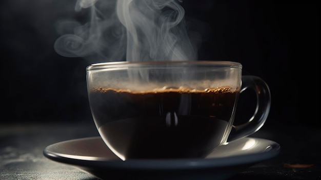 新しく造されたカップのコーヒーとそれから上昇する蒸気のクローズアップショット