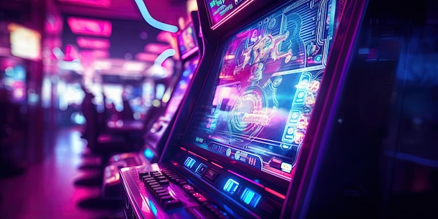 A close up shot of a gaming machine in a casino in the style of abstract nostalgia