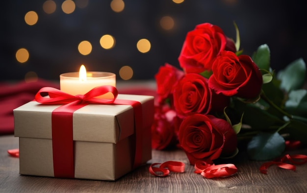 Close up shot of gift box wrapped with red ribbon red flowers and candles