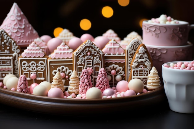 Photo close up shot of gingerbread house cookies on a vintage tray surrounded by charming miniature holiday figures and props christmas background