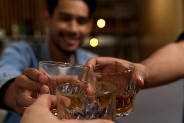 レストランのナイトパーティーでウイスキーを飲む友人のグループ間でチャリンというメガネのショットを閉じる