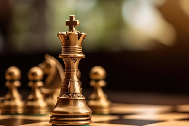 A close up shot of a gold queen chess piece standing confidently on a chessboard Generative AI