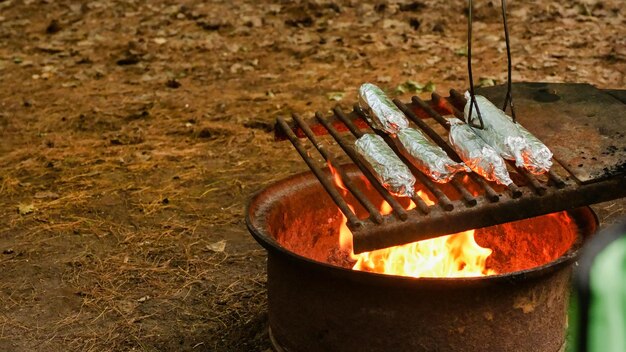 Close up shot of grilled barbecued sweetcorn cobs covered in foil in forest camping