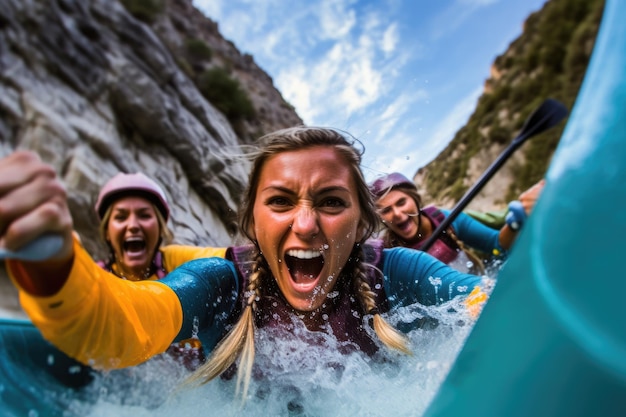 A close up shot of a group of friends engaged in kayaking or rafting on a fast flowing river with rocky cliffs in the background Generative AI
