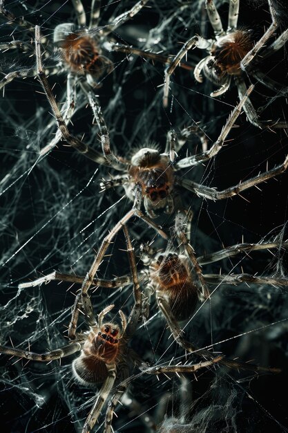 Photo close up shot of group of spiders navigating intricate web at night