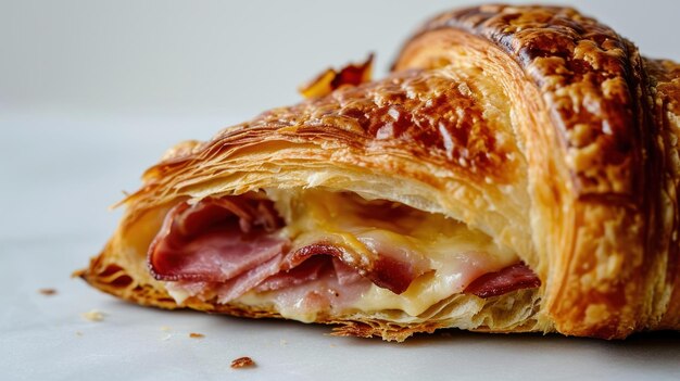 Foto primo piano del prosciutto e del croissant al formaggio su uno sfondo bianco