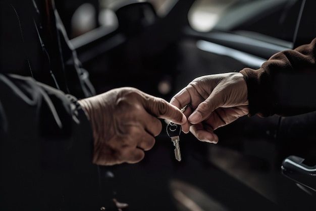 Foto chiuda sul colpo a portata di mano che dà le chiavi della macchina alla mano dell'altro uomo