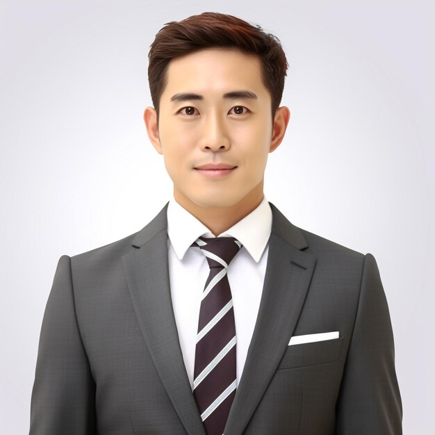 Close up shot of handsome asian businessman in black suit standing and touches his tie by confident feel isolated on white background