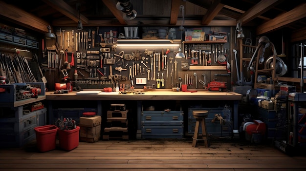 A close up shot of a handyman's workshop with all the necessary tools and equipment