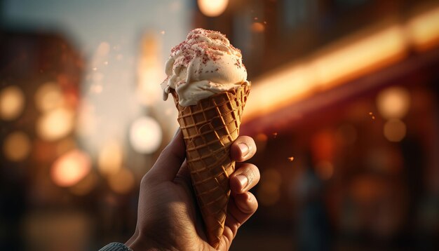 Photo close up shot of holding ice cream with blur background