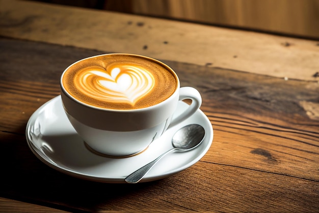 Close up shot of hot latte coffee with latte art in a ceramic white cup and saucer in the cafe