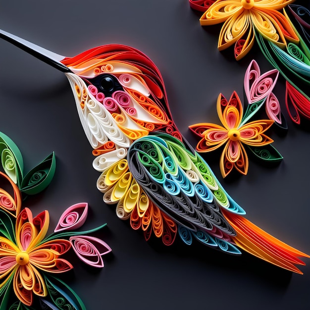 Photo close up shot of hummingbird multi dimensional paper quilling chibi digital art